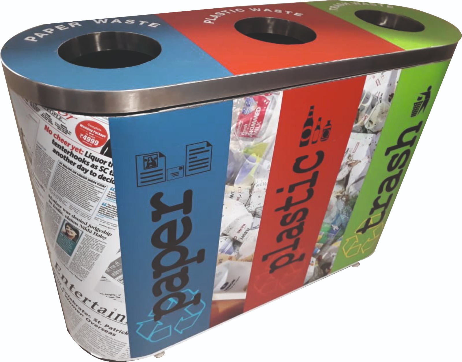 Stainless steel 3in1 recycle bin with swing lid